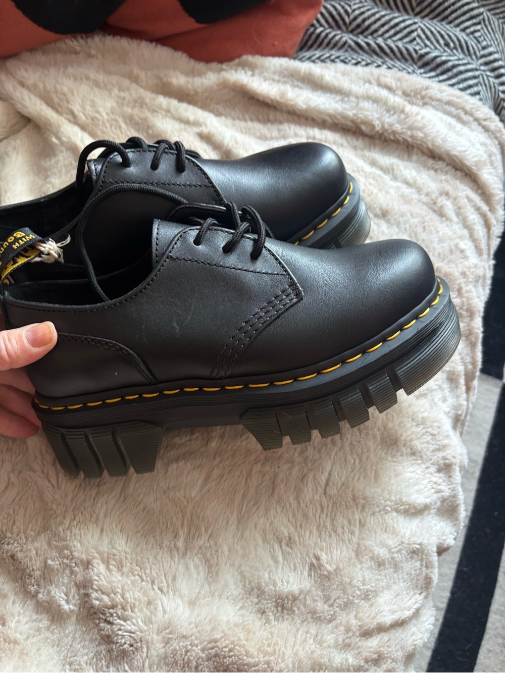 Dr. Martens Black Leather Platform Derby Shoes with Yellow Stitching